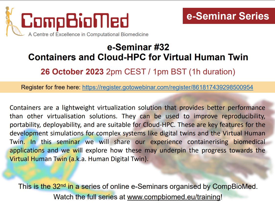 Containers and Cloud-HPC for Virtual Human Twin October 26th 2023, 2:00 PM CEST, online