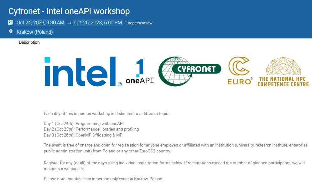 Уъркшоп Intel oneAPI, организиран от НЦК Полша  24-26 октомври 2023г, Краков, Полша, присъствен формат